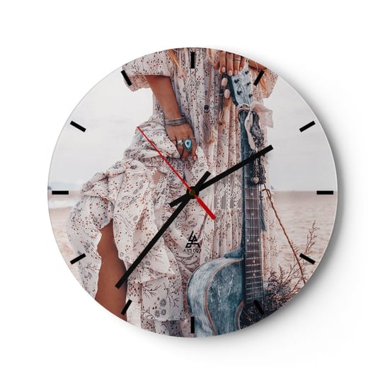 Zegar ścienny - Dzieci kwiaty w drodze - 30x30cm - Kobieta Boho Gitara - Okrągły zegar na szkle - Nowoczeny Stylowy Zegar do salonu do kuchni - Cichy i Modny zegar ARTTOR