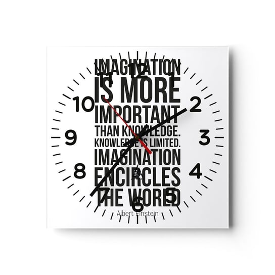 Zegar ścienny - Einstein o mocy wyobraźni - 40x40cm - Typografia Afirmacja Maksyma - Kwadratowy zegar szklany - Nowoczeny Stylowy Zegar do salonu do kuchni - Cichy i Modny zegar ARTTOR
