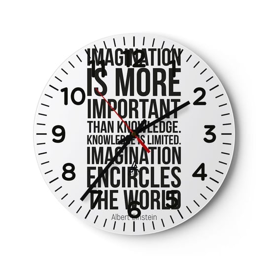 Zegar ścienny - Einstein o mocy wyobraźni - 40x40cm - Typografia Afirmacja Maksyma - Okrągły zegar szklany - Nowoczeny Stylowy Zegar do salonu do kuchni - Cichy i Modny zegar ARTTOR