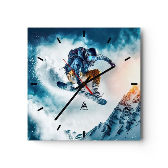 Zegar ścienny - Ekstremalne emocje - 30x30cm - Snowboard Sport Zima - Kwadratowy zegar na szkle - Nowoczeny Stylowy Zegar do salonu do kuchni - Cichy i Modny zegar ARTTOR