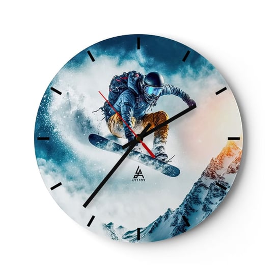Zegar ścienny - Ekstremalne emocje - 30x30cm - Snowboard Sport Zima - Okrągły zegar na szkle - Nowoczeny Stylowy Zegar do salonu do kuchni - Cichy i Modny zegar ARTTOR