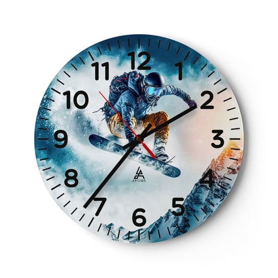 Zegar ścienny - Ekstremalne emocje - 40x40cm - Snowboard Sport Zima - Okrągły zegar szklany - Nowoczeny Stylowy Zegar do salonu do kuchni - Cichy i Modny zegar ARTTOR