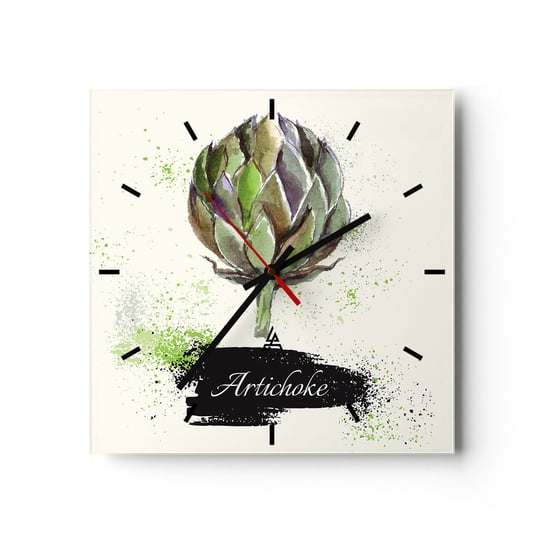 Zegar ścienny - Eviva warzywa! - 30x30cm - Karczoch Kuchnia Akwarela - Kwadratowy zegar na szkle - Nowoczeny Stylowy Zegar do salonu do kuchni - Cichy i Modny zegar ARTTOR