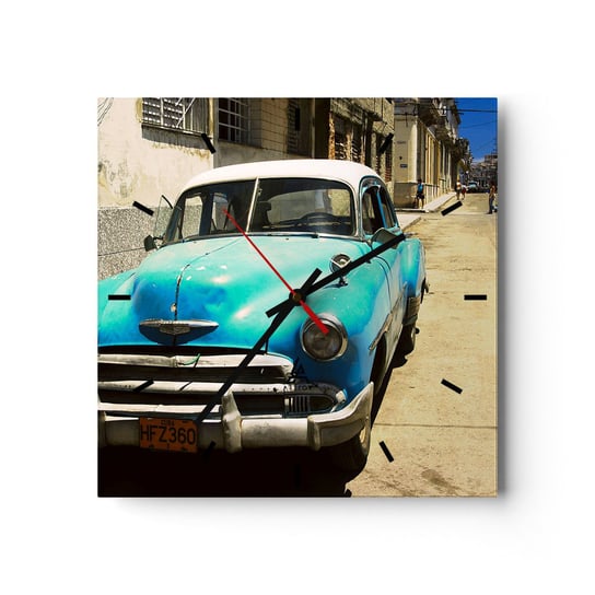 Zegar ścienny - Evviva Cuba! - 30x30cm - Motoryzacja Samochód Kuba - Kwadratowy zegar na szkle - Nowoczeny Stylowy Zegar do salonu do kuchni - Cichy i Modny zegar ARTTOR