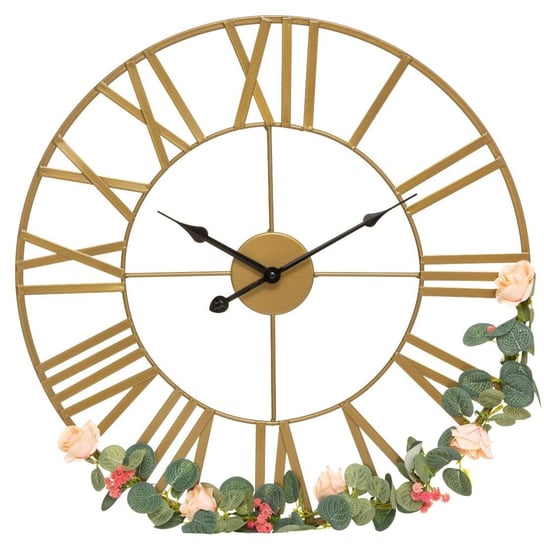 Zegar ścienny FLOWER, złoty z kwiatami, Ø 50 cm Atmosphera