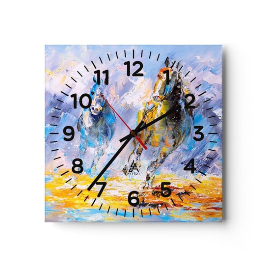 Zegar ścienny - Galopem przez blask - 40x40cm - Zwierzęta Konie Impresjonizm - Kwadratowy zegar szklany - Nowoczeny Stylowy Zegar do salonu do kuchni - Cichy i Modny zegar ARTTOR