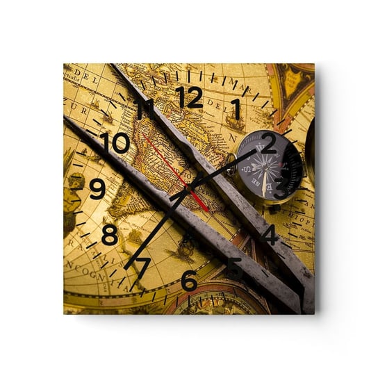Zegar ścienny - Gdze te skarby? - 30x30cm - Kompas Mapa Świata Podróże - Kwadratowy zegar ścienny - Nowoczeny Stylowy Zegar do salonu do kuchni - Cichy i Modny zegar ARTTOR