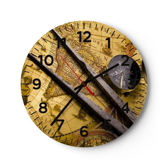 Zegar ścienny - Gdze te skarby? - 30x30cm - Kompas Mapa Świata Podróże - Okrągły zegar ścienny - Nowoczeny Stylowy Zegar do salonu do kuchni - Cichy i Modny zegar ARTTOR