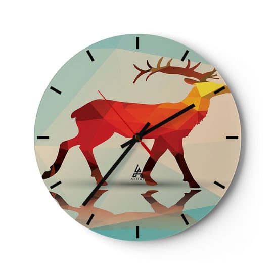 Zegar ścienny - Geometryczny jeleń - 30x30cm - Zwierzęta Jeleń Figura Geometryczna - Okrągły zegar na szkle - Nowoczeny Stylowy Zegar do salonu do kuchni - Cichy i Modny zegar ARTTOR
