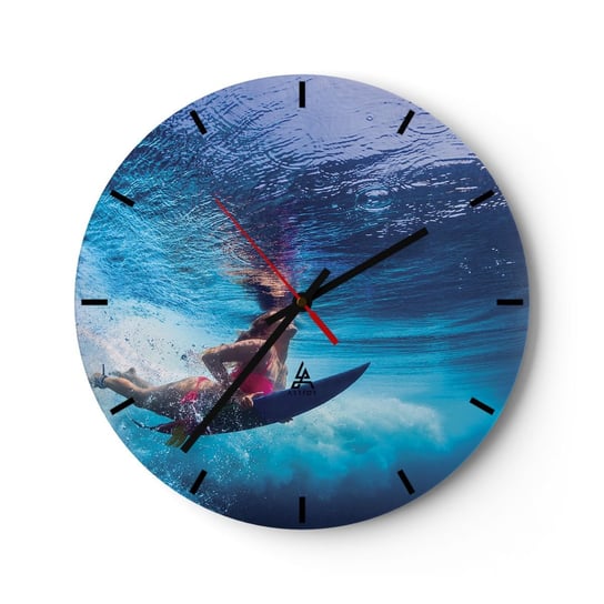 Zegar ścienny - Głębia radości - 30x30cm - Surfing Kobieta Sport - Okrągły zegar na szkle - Nowoczeny Stylowy Zegar do salonu do kuchni - Cichy i Modny zegar ARTTOR