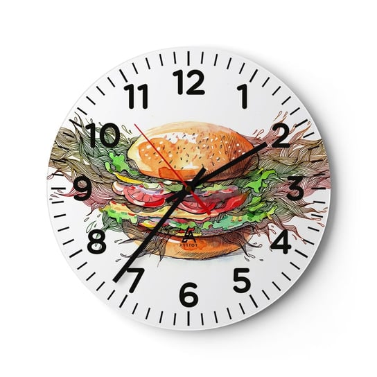 Zegar ścienny - Gorąca pokusa - 40x40cm - Gastronomia Hamburger Kulinaria - Okrągły zegar szklany - Nowoczeny Stylowy Zegar do salonu do kuchni - Cichy i Modny zegar ARTTOR