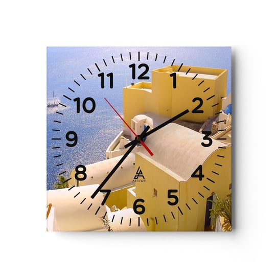 Zegar ścienny - Grecki pejzaż w bieli i błękicie - 30x30cm - Krajobraz Santorini Grecja - Kwadratowy zegar ścienny - Nowoczeny Stylowy Zegar do salonu do kuchni - Cichy i Modny zegar ARTTOR