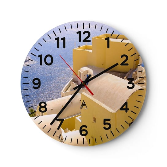 Zegar ścienny - Grecki pejzaż w bieli i błękicie - 40x40cm - Krajobraz Santorini Grecja - Okrągły zegar szklany - Nowoczeny Stylowy Zegar do salonu do kuchni - Cichy i Modny zegar ARTTOR