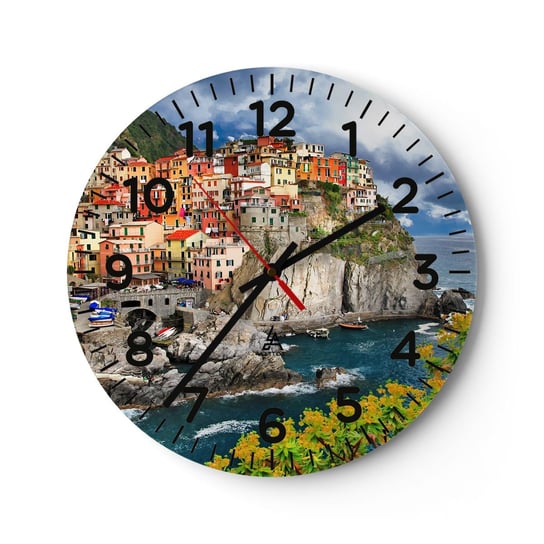 Zegar ścienny - Gromadka przytulona do skał - 40x40cm - Krajobraz Architektura Włochy - Okrągły zegar szklany - Nowoczeny Stylowy Zegar do salonu do kuchni - Cichy i Modny zegar ARTTOR