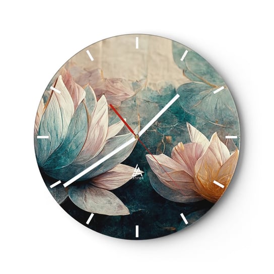 Zegar ścienny - Gwiazdy jeziora - 30x30cm - Kwiaty Art Deco Lotos - Okrągły zegar na szkle - Nowoczeny Stylowy Zegar do salonu do kuchni - Cichy i Modny zegar ARTTOR