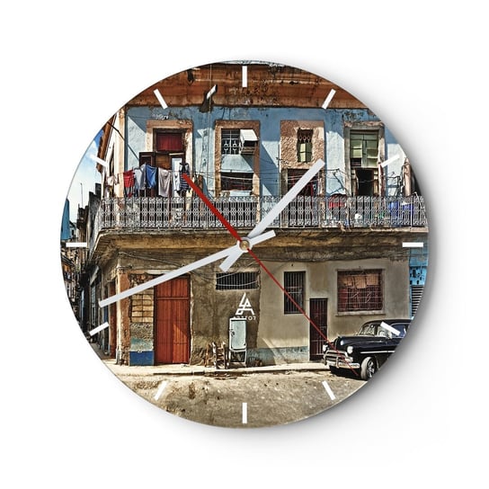 Zegar ścienny - Hawańskie klimaty - 30x30cm - Miasto Hawana Architektura - Okrągły zegar na szkle - Nowoczeny Stylowy Zegar do salonu do kuchni - Cichy i Modny zegar ARTTOR
