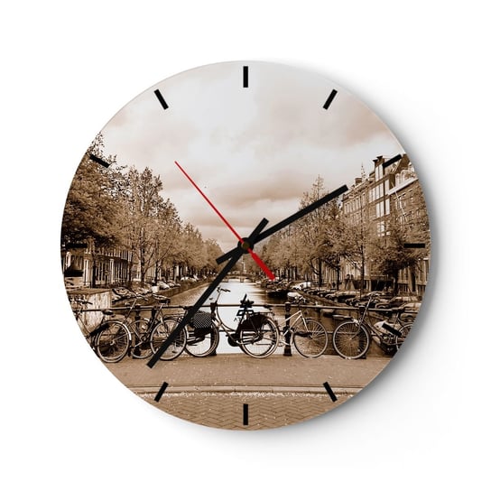 Zegar ścienny - Holenderskie klimaty - 30x30cm - Miasto Amsterdam Rower - Okrągły zegar na szkle - Nowoczeny Stylowy Zegar do salonu do kuchni - Cichy i Modny zegar ARTTOR