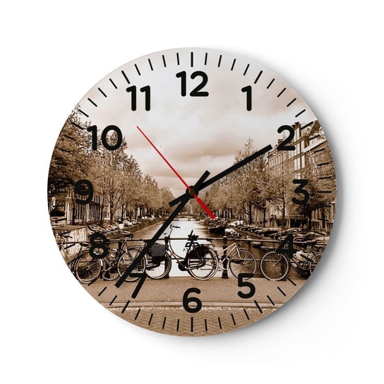 Zegar ścienny - Holenderskie klimaty - 40x40cm - Miasto Amsterdam Rower - Okrągły zegar szklany - Nowoczeny Stylowy Zegar do salonu do kuchni - Cichy i Modny zegar ARTTOR