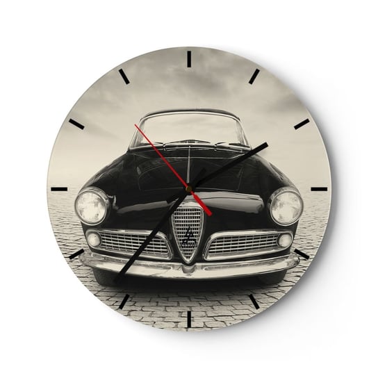 Zegar ścienny - I jak mnie nie kochać? - 30x30cm - Samochód Vintage Czarno-Biały - Okrągły zegar na szkle - Nowoczeny Stylowy Zegar do salonu do kuchni - Cichy i Modny zegar ARTTOR