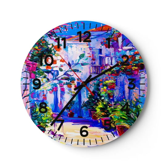Zegar ścienny - Impresja - włoska uliczka - 40x40cm - Miasto Architektura Włochy - Okrągły zegar szklany - Nowoczeny Stylowy Zegar do salonu do kuchni - Cichy i Modny zegar ARTTOR