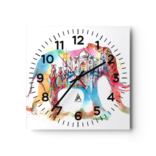Zegar ścienny - Indie - aura miłości - 30x30cm - Abstrakcja Słoń Indie - Kwadratowy zegar ścienny - Nowoczeny Stylowy Zegar do salonu do kuchni - Cichy i Modny zegar ARTTOR