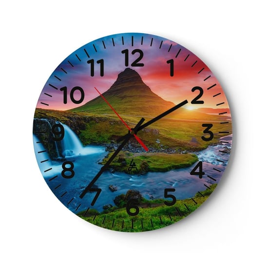 Zegar ścienny - Islandia - ogień i woda - 40x40cm - Krajobraz Islandia Kirkjufellsfoss - Okrągły zegar szklany - Nowoczeny Stylowy Zegar do salonu do kuchni - Cichy i Modny zegar ARTTOR