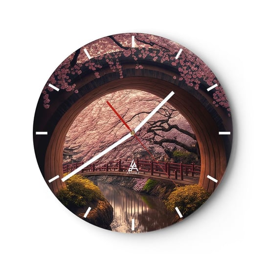 Zegar ścienny - Japońska wiosna - 30x30cm - Most Japonia Wiśnia Japońska - Okrągły zegar na szkle - Nowoczeny Stylowy Zegar do salonu do kuchni - Cichy i Modny zegar ARTTOR