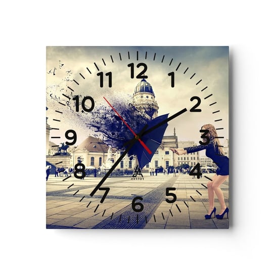 Zegar ścienny - Jest taki wiatr… - 30x30cm - Kobieta Miasto Tajemniczy Parasol - Kwadratowy zegar ścienny - Nowoczeny Stylowy Zegar do salonu do kuchni - Cichy i Modny zegar ARTTOR