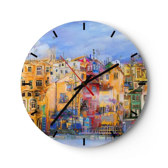 Zegar ścienny - Jesteśmy razem - 30x30cm - Miasto Architektura Kamienice - Okrągły zegar na szkle - Nowoczeny Stylowy Zegar do salonu do kuchni - Cichy i Modny zegar ARTTOR