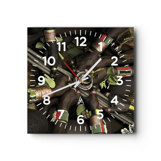 Zegar ścienny - Jesteśmy razem - 40x40cm - Afryka Rytuał Plemięnny Kenia - Kwadratowy zegar szklany - Nowoczeny Stylowy Zegar do salonu do kuchni - Cichy i Modny zegar ARTTOR