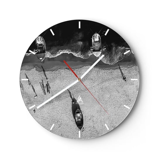 Zegar ścienny - Jeszcze na brzegu… - 30x30cm - Plaża Łódki Połowy Ryb - Okrągły zegar na szkle - Nowoczeny Stylowy Zegar do salonu do kuchni - Cichy i Modny zegar ARTTOR