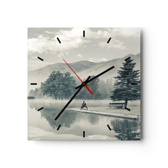 Zegar ścienny - Jezioro jeszcze śpi - 30x30cm - Krajobraz Góry  Jezioro - Kwadratowy zegar na szkle - Nowoczeny Stylowy Zegar do salonu do kuchni - Cichy i Modny zegar ARTTOR