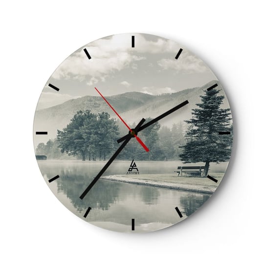Zegar ścienny - Jezioro jeszcze śpi - 30x30cm - Krajobraz Góry  Jezioro - Okrągły zegar na szkle - Nowoczeny Stylowy Zegar do salonu do kuchni - Cichy i Modny zegar ARTTOR