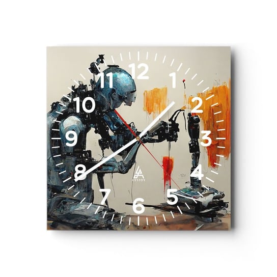 Zegar ścienny - Już jutro… - 40x40cm - Artysta Sztuczna Inteligencja Robot - Kwadratowy zegar szklany - Nowoczeny Stylowy Zegar do salonu do kuchni - Cichy i Modny zegar ARTTOR