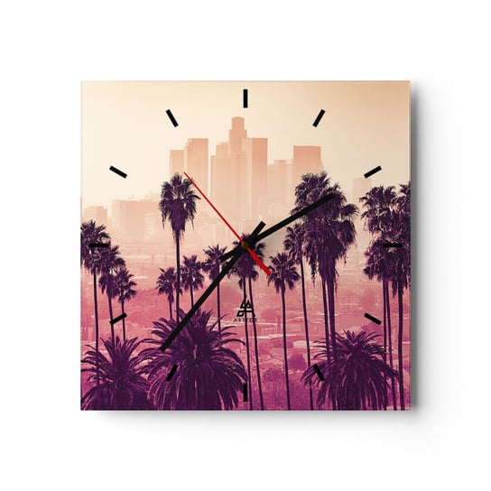 Zegar ścienny - Kalifornijski pejzaż - 30x30cm - Miasto Los Angeles Palmy Kokosowe - Kwadratowy zegar na szkle - Nowoczeny Stylowy Zegar do salonu do kuchni - Cichy i Modny zegar ARTTOR