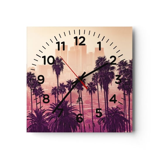 Zegar ścienny - Kalifornijski pejzaż - 30x30cm - Miasto Los Angeles Palmy Kokosowe - Kwadratowy zegar ścienny - Nowoczeny Stylowy Zegar do salonu do kuchni - Cichy i Modny zegar ARTTOR