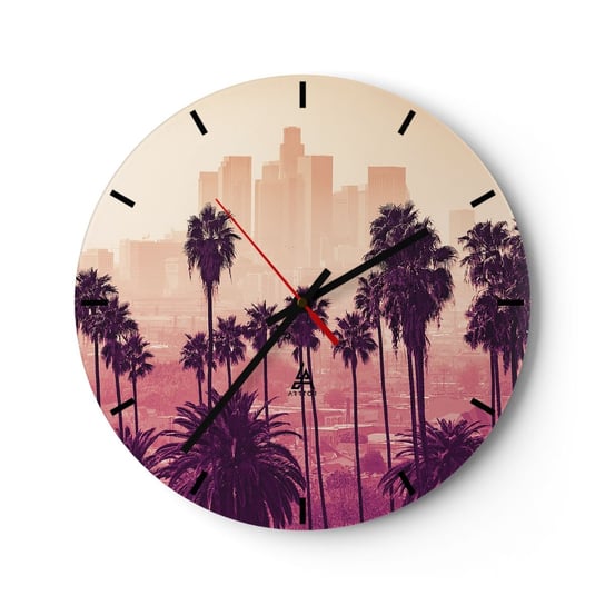 Zegar ścienny - Kalifornijski pejzaż - 30x30cm - Miasto Los Angeles Palmy Kokosowe - Okrągły zegar na szkle - Nowoczeny Stylowy Zegar do salonu do kuchni - Cichy i Modny zegar ARTTOR