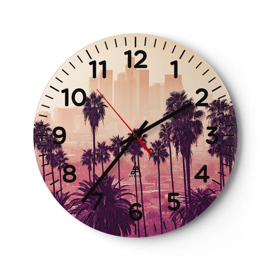 Zegar ścienny - Kalifornijski pejzaż - 30x30cm - Miasto Los Angeles Palmy Kokosowe - Okrągły zegar ścienny - Nowoczeny Stylowy Zegar do salonu do kuchni - Cichy i Modny zegar ARTTOR