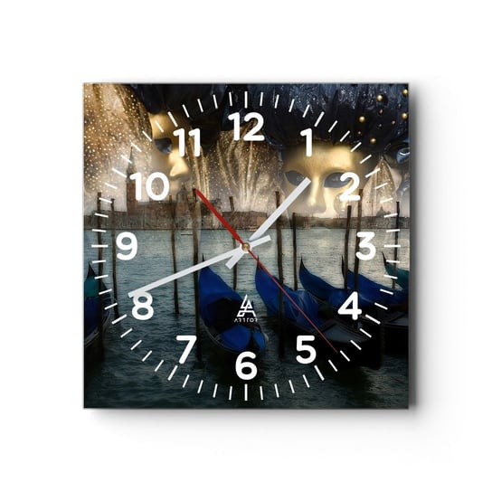 Zegar ścienny - Karnawał czas zacząć - 40x40cm - Wenecja Maski Miasto - Kwadratowy zegar szklany - Nowoczeny Stylowy Zegar do salonu do kuchni - Cichy i Modny zegar ARTTOR