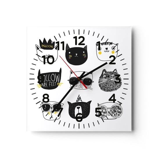 Zegar ścienny - Każdy inny - 30x30cm - Kot Ilustracja  Grafika - Kwadratowy zegar ścienny - Nowoczeny Stylowy Zegar do salonu do kuchni - Cichy i Modny zegar ARTTOR