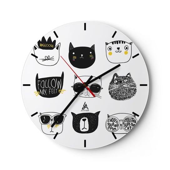 Zegar ścienny - Każdy inny - 30x30cm - Kot Ilustracja  Grafika - Okrągły zegar na szkle - Nowoczeny Stylowy Zegar do salonu do kuchni - Cichy i Modny zegar ARTTOR