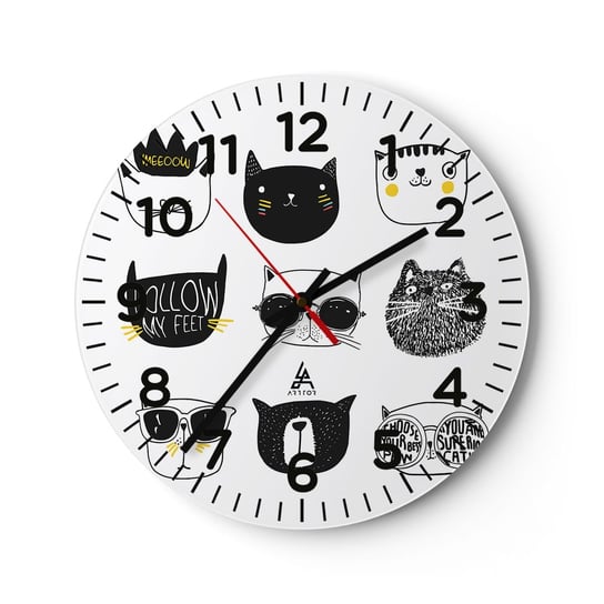 Zegar ścienny - Każdy inny - 30x30cm - Kot Ilustracja  Grafika - Okrągły zegar ścienny - Nowoczeny Stylowy Zegar do salonu do kuchni - Cichy i Modny zegar ARTTOR