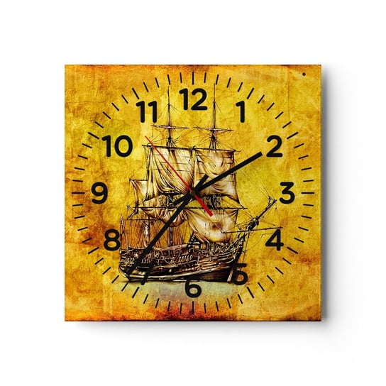 Zegar ścienny - Kierunek Tortuga! - 30x30cm - Marynistyczne Statek Morski Żaglowiec - Kwadratowy zegar ścienny - Nowoczeny Stylowy Zegar do salonu do kuchni - Cichy i Modny zegar ARTTOR