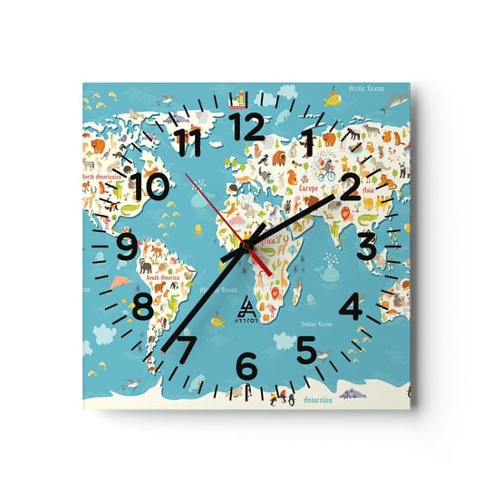 Zegar ścienny - Kochamy cały świat - 40x40cm - Mapa Świata Zwierzęta Dla Dzieci - Kwadratowy zegar szklany - Nowoczeny Stylowy Zegar do salonu do kuchni - Cichy i Modny zegar ARTTOR