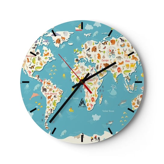 Zegar ścienny - Kochamy cały świat - 40x40cm - Mapa Świata Zwierzęta Dla Dzieci - Okrągły zegar ścienny - Nowoczeny Stylowy Zegar do salonu do kuchni - Cichy i Modny zegar ARTTOR