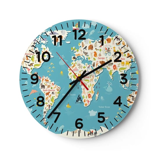 Zegar ścienny - Kochamy cały świat - 40x40cm - Mapa Świata Zwierzęta Dla Dzieci - Okrągły zegar szklany - Nowoczeny Stylowy Zegar do salonu do kuchni - Cichy i Modny zegar ARTTOR
