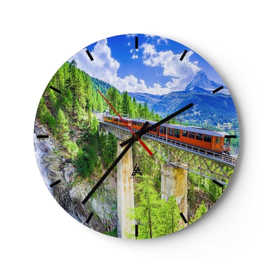 Zegar ścienny - Kolej na Alpy - 30x30cm - Pociąg Most Krajobraz - Okrągły zegar na szkle - Nowoczeny Stylowy Zegar do salonu do kuchni - Cichy i Modny zegar ARTTOR