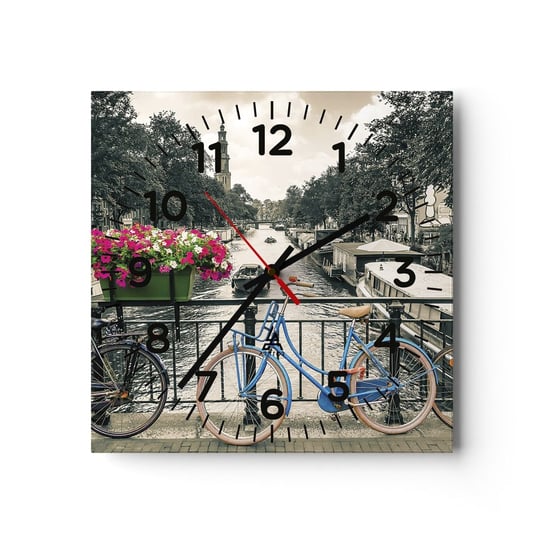 Zegar ścienny - Kolory amsterdamskiej ulicy - 30x30cm - Miasto Amsterdam Rower - Kwadratowy zegar ścienny - Nowoczeny Stylowy Zegar do salonu do kuchni - Cichy i Modny zegar ARTTOR