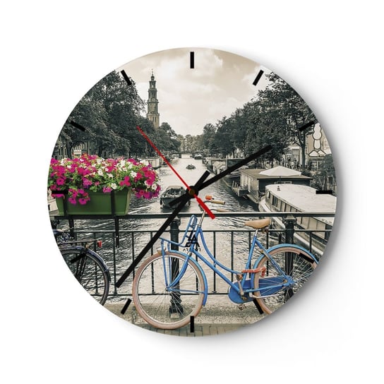 Zegar ścienny - Kolory amsterdamskiej ulicy - 30x30cm - Miasto Amsterdam Rower - Okrągły zegar na szkle - Nowoczeny Stylowy Zegar do salonu do kuchni - Cichy i Modny zegar ARTTOR