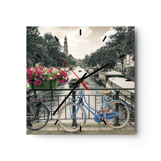 Zegar ścienny - Kolory amsterdamskiej ulicy - 40x40cm - Miasto Amsterdam Rower - Kwadratowy zegar ścienny - Nowoczeny Stylowy Zegar do salonu do kuchni - Cichy i Modny zegar ARTTOR